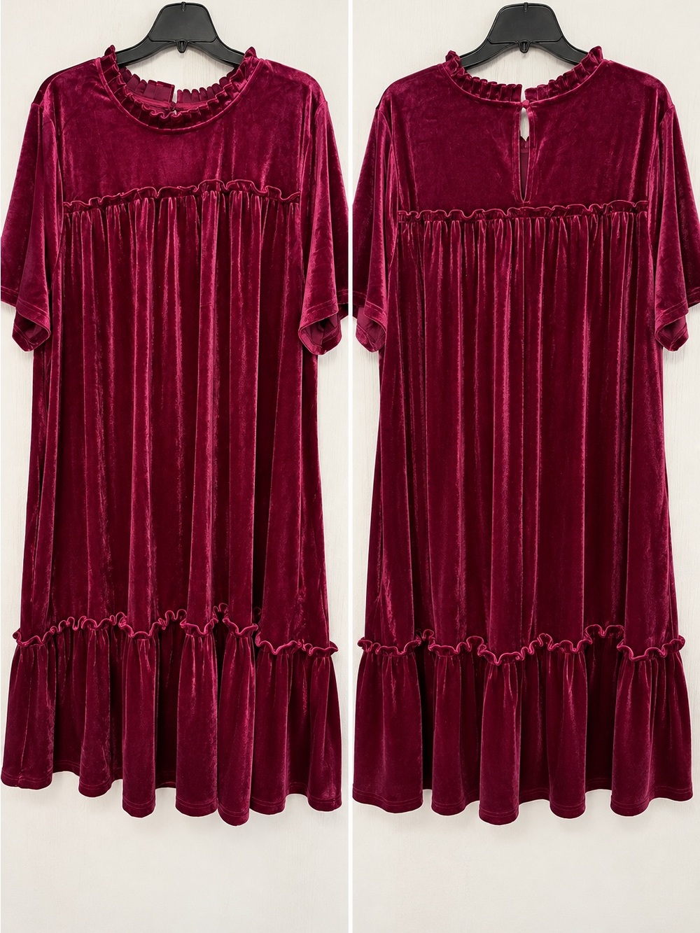 Velvet Ruffle-Trim Midi Dress in Deep Burgundy